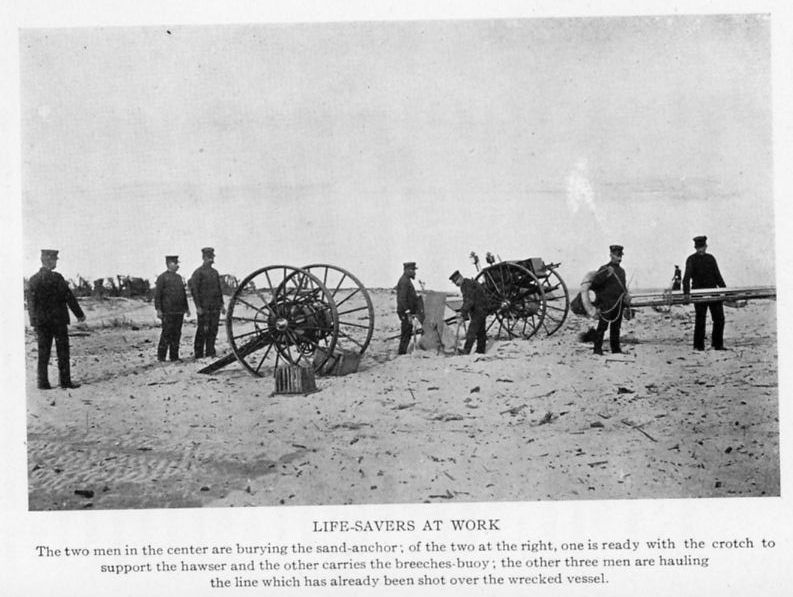 Surfmen setting up a breeches buoy for a rescue drill.