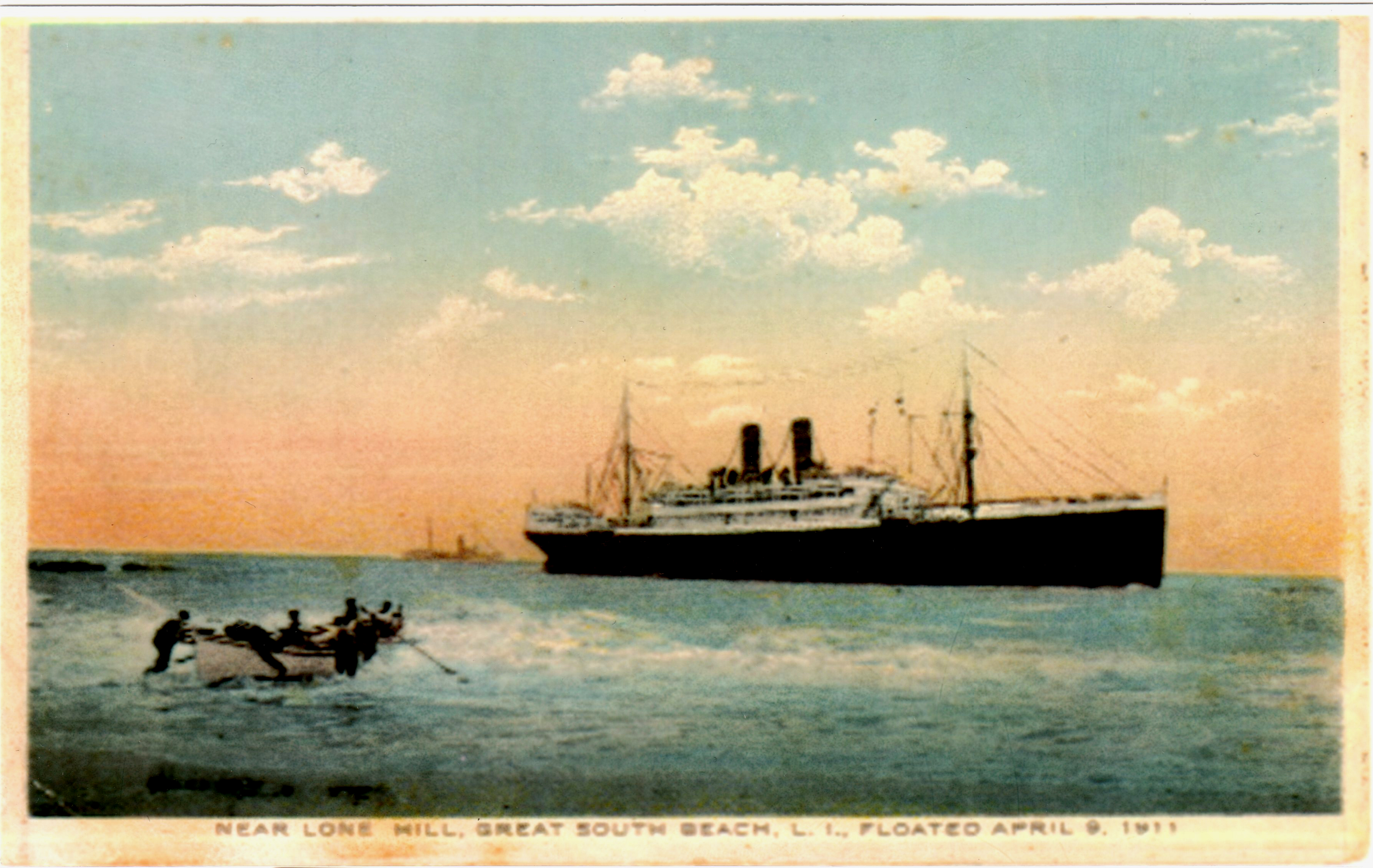 U.S. Lifesaving surfmen head out into the rough waves to make a rescue on Long Island.