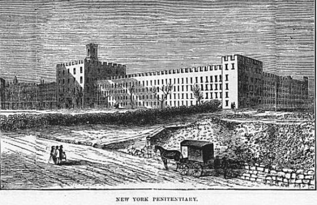 A large, foreboding stone building, the Blackwell's Island Penitentiary, sits by the water.