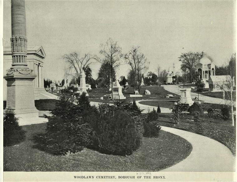 A scenic, tree-lined path in Woodlawn Cemetery in 1899.