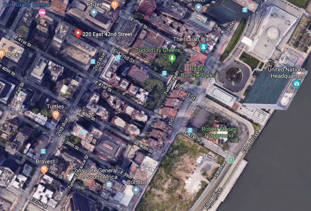 Modern aerial view of Turtle Bay, showing the UN and Tudor City housing complex.