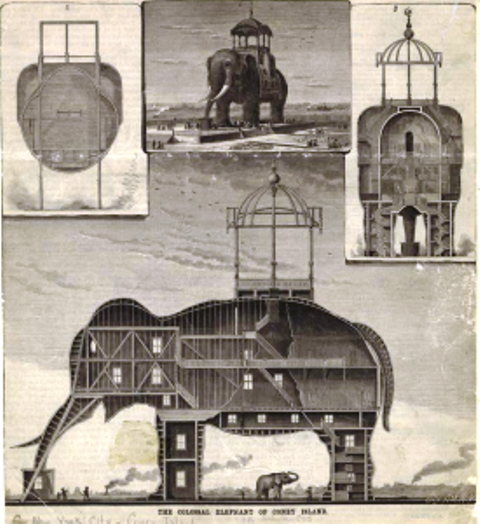 A vintage photograph of the massive Elephant Hotel at Coney Island, a building shaped like an elephant with many windows.