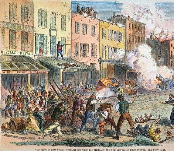 A historical illustration depicting a violent street battle during the Draft Riots.